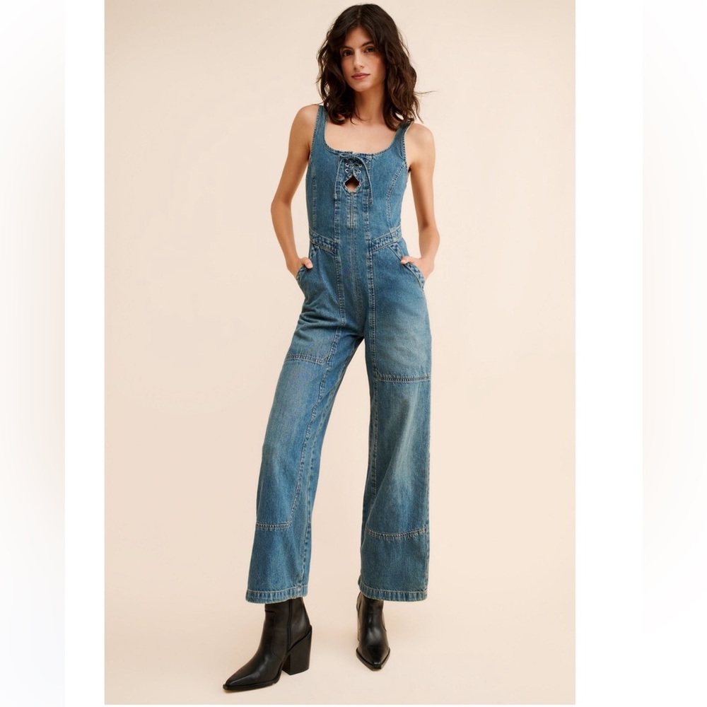 Free People Amina Denim Wide-Leg + Lace-Up Jumpsuit - Picture 4 of 16